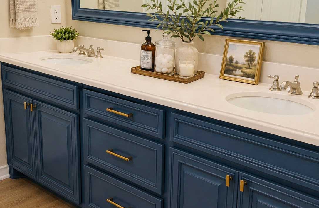 Bold navy blue cabinet painting project on a double bathroom vanity in North Dallas, complete with gold hardware and a matching painted mirror frame. PPP North Dallas handles color cabinet painting with the same precision as white — smooth finish, no brush marks, built to hold up. Navy blue painted double bathroom vanity with gold hardware and painted mirror frame in North Dallas