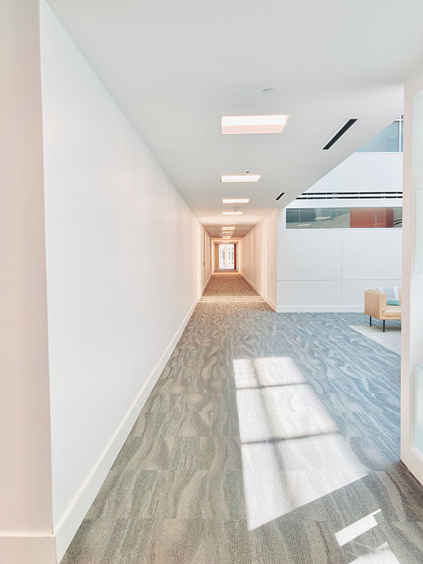 Freshly painted white office hallway with recessed lighting and open atrium in North Dallas commercial building