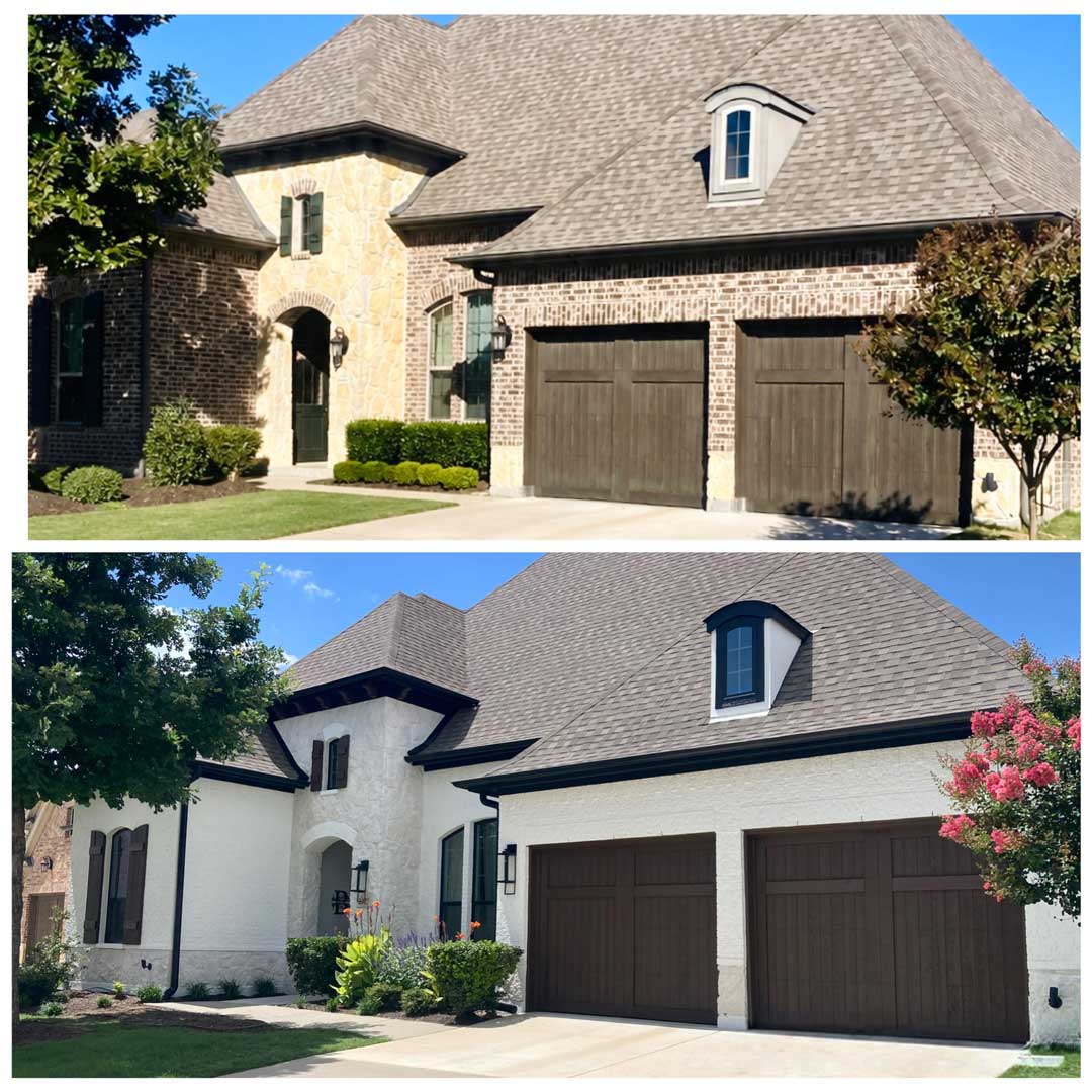 Before and after exterior painting showing brick home transformed from natural brick to white painted exterior