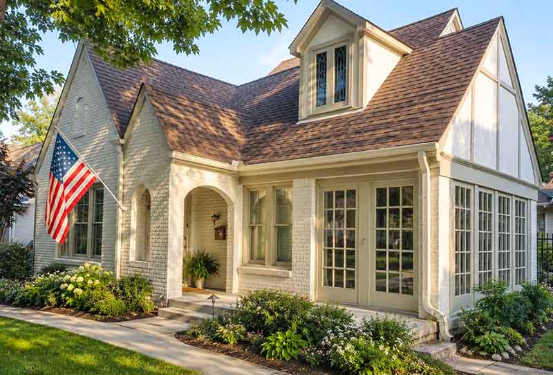 Painted white brick Tudor-style home with cream finish and manicured landscaping in North Dallas