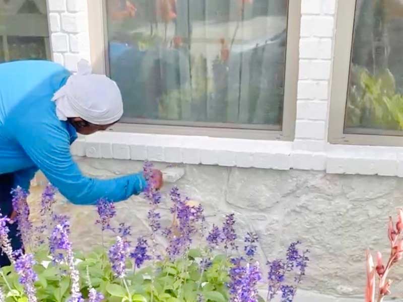 Exterior Painting Detail Work – North Dallas PPP North Dallas painter applying detail coat to exterior stone foundation near window