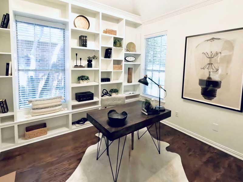 Interior Painting – Home Office with Built-In Shelving North Dallas Interior painted home office with white built-in shelving, crown molding, and clean trim in North Dallas